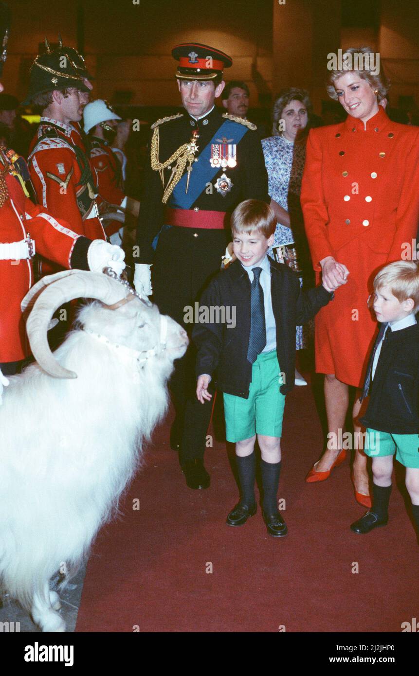 Ihre Königliche Hoheit Prinz Charles, der Prinz von Wales, und ihre Hoheit Prinzessin Diana, die Prinzessin von Wales, mit ihren Kindern Prinz William (links) und Prinz Harry (rechts) nehmen am Königlichen Turnier in Olympia, Earls Court, in West London Teil. Prinz William genießt es, die Spielzeugschafe zu sehen. Bild aufgenommen am 28.. Juli 1988 Stockfoto