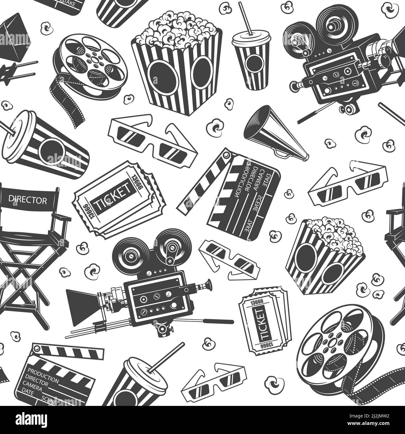 Nahtloses Muster mit Kino-Elementen. Vektorgrafik. Stock Vektor