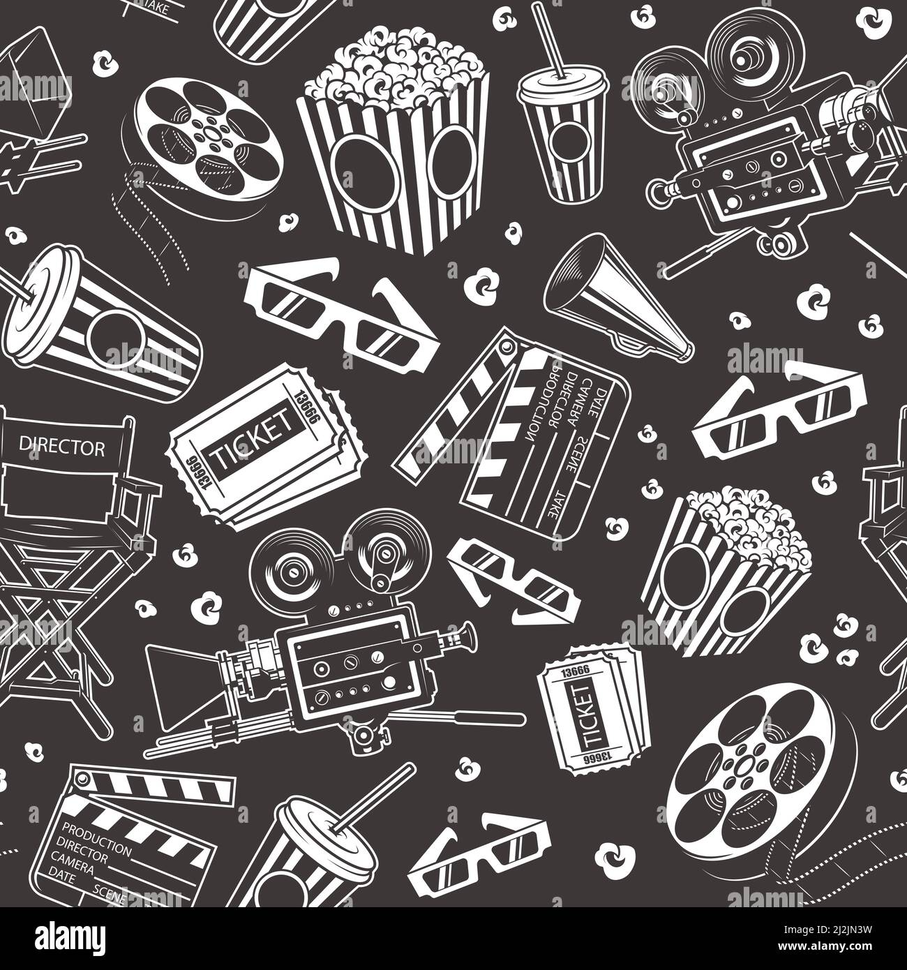 Nahtloses Muster mit Kino-Elementen. Vektorgrafik. Stock Vektor