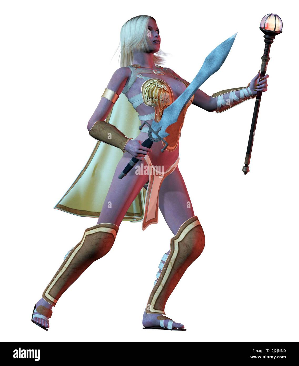 Fantasy Krieger Mädchen mit Schwert, 3D Illustration Stockfoto