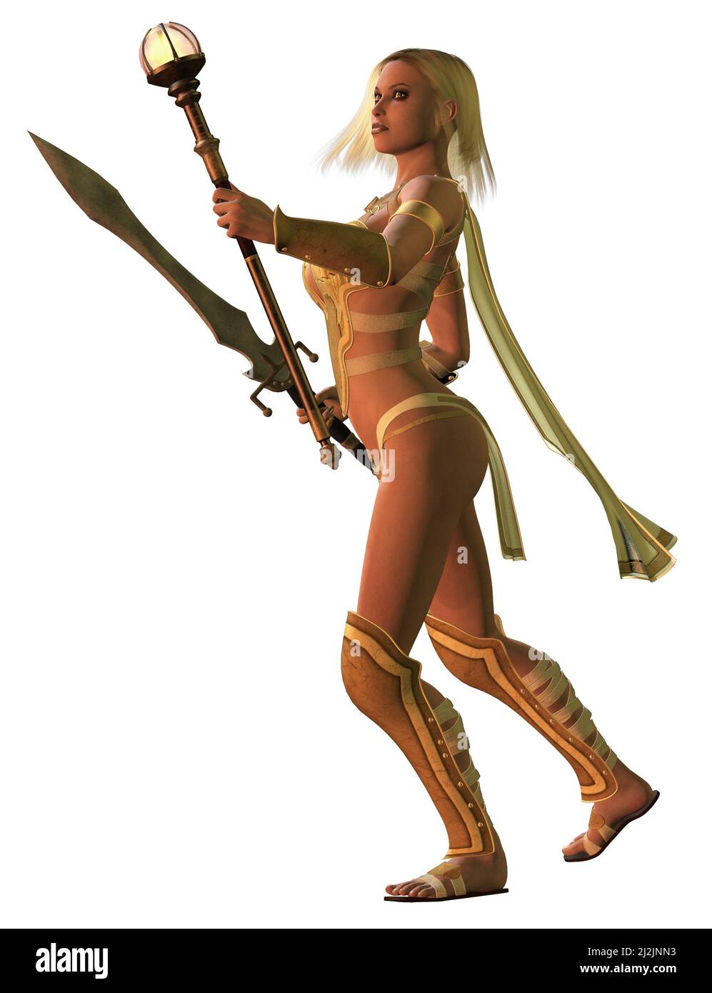 Fantasy Krieger Mädchen mit Schwert, 3D Illustration Stockfoto