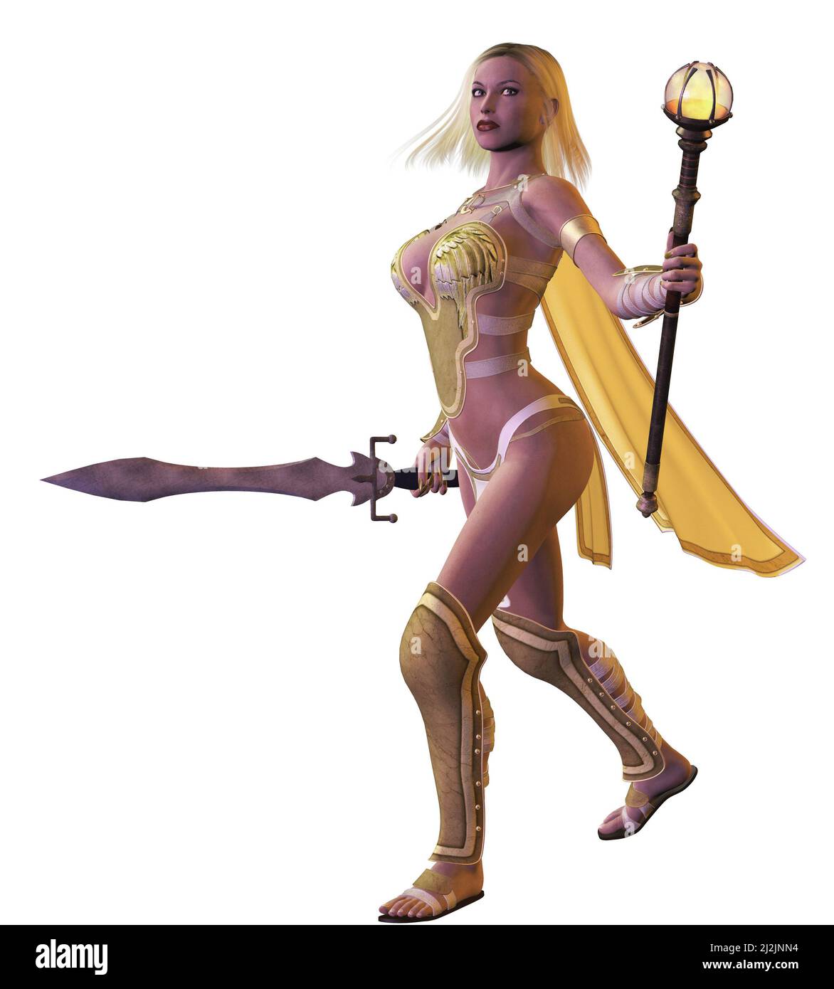 Fantasy Krieger Mädchen mit Schwert, 3D Illustration Stockfoto