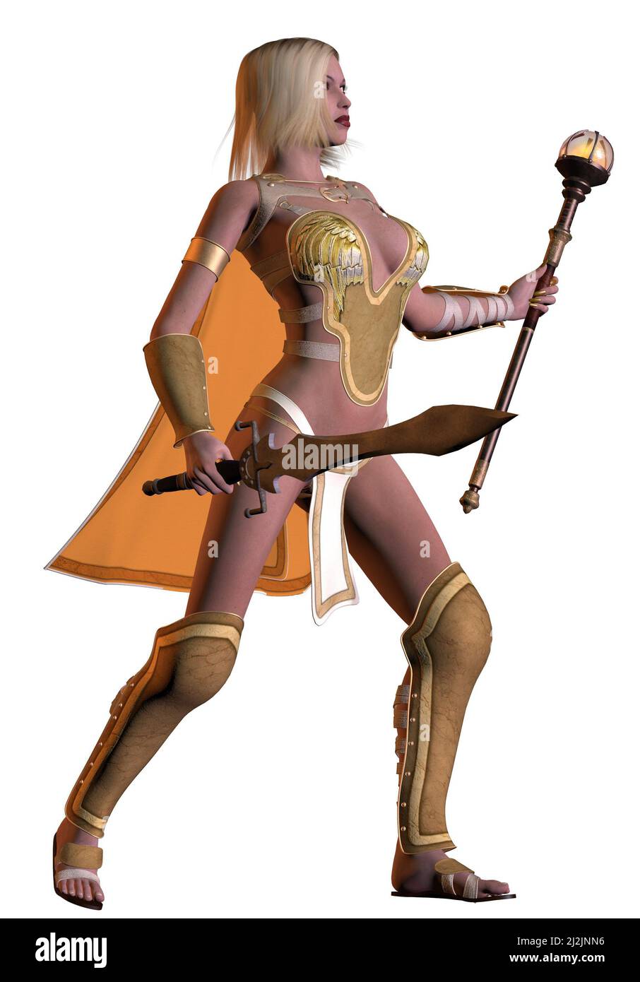 Fantasy Krieger Mädchen mit Schwert, 3D Illustration Stockfoto