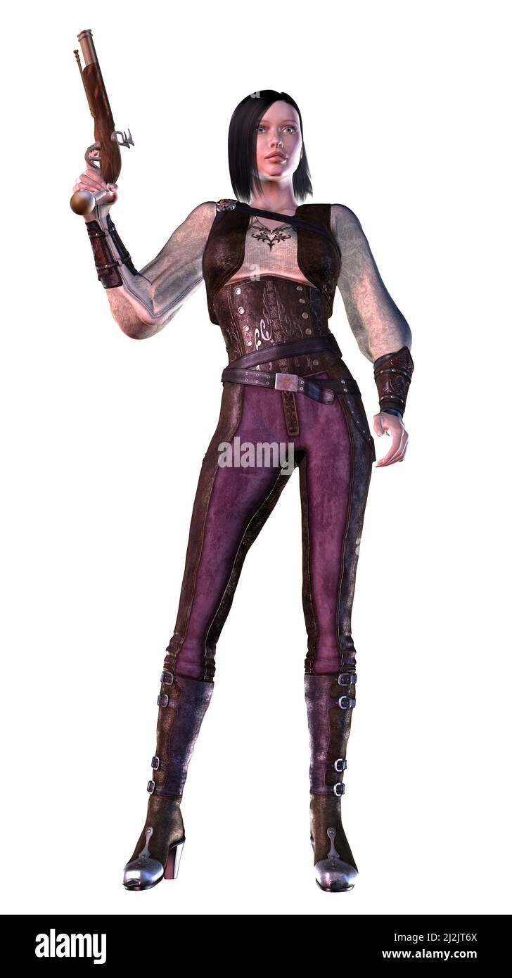 steampunk Mädchen mit alten Stil Waffe bewaffnet, 3D Illustration Stockfoto