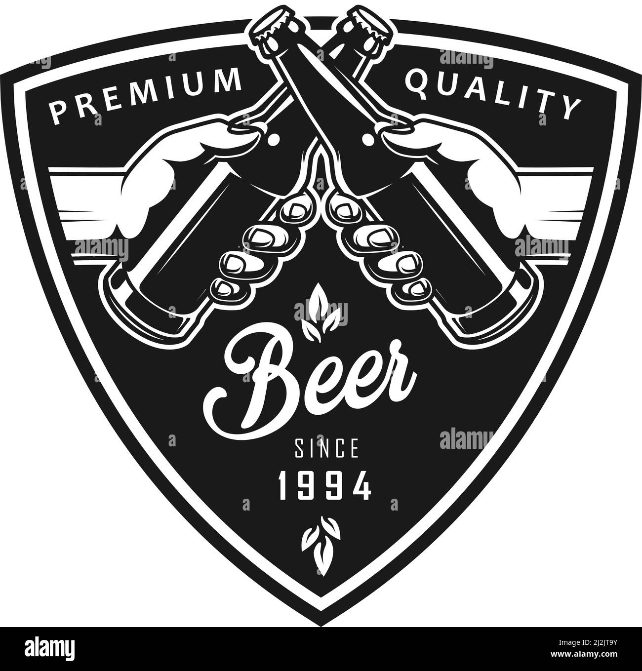 Vintage oktoberfest schwarzes Logo mit Aufschriften männliche Hände klirrende Bier Flaschen auf weißem Hintergrund isolierte Vektorgrafik Stock Vektor