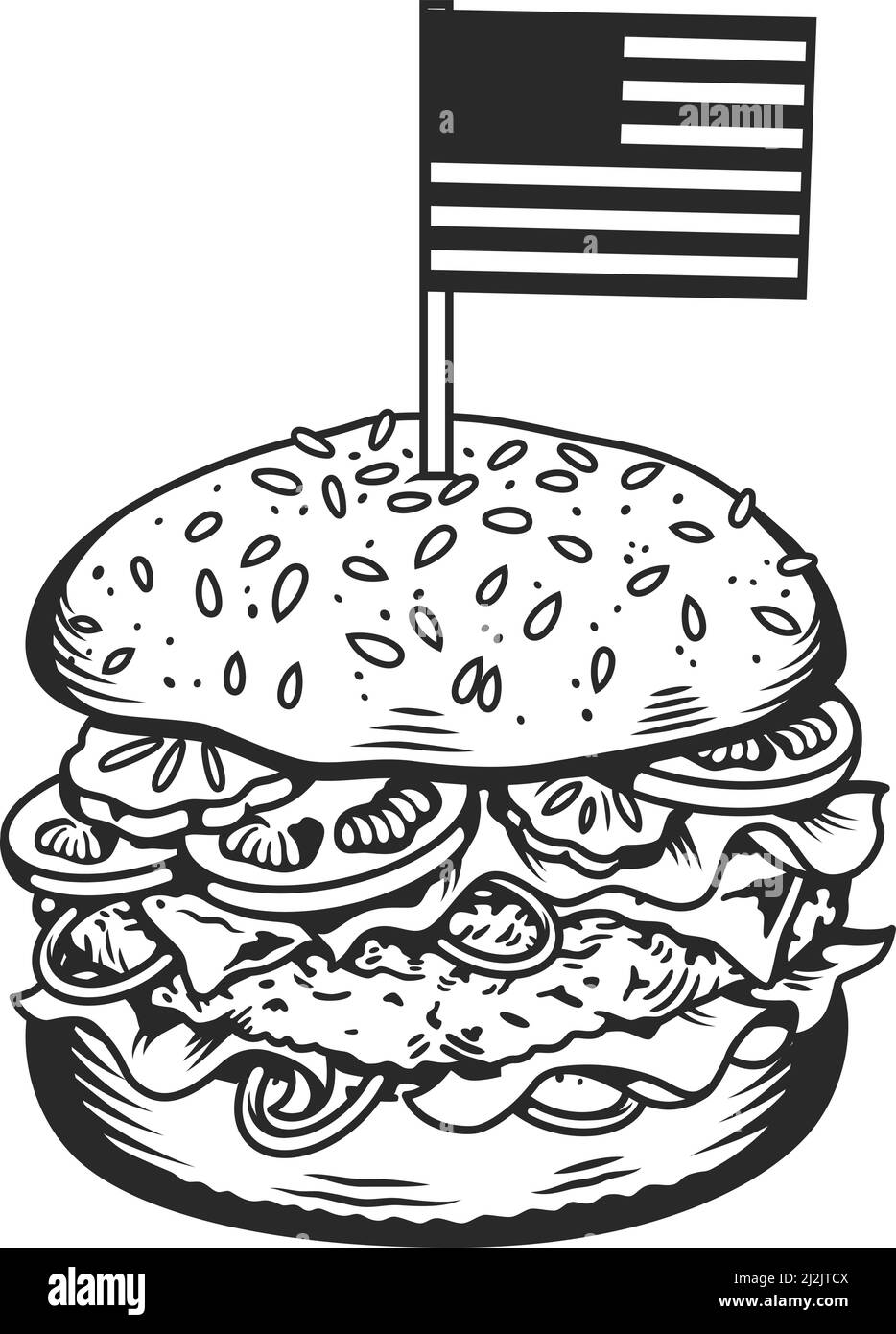 Vintage monochrome leckere Burger-Konzept mit amerikanischer Flagge für die USA Unabhängigkeitstag isolierte Vektorgrafik Stock Vektor
