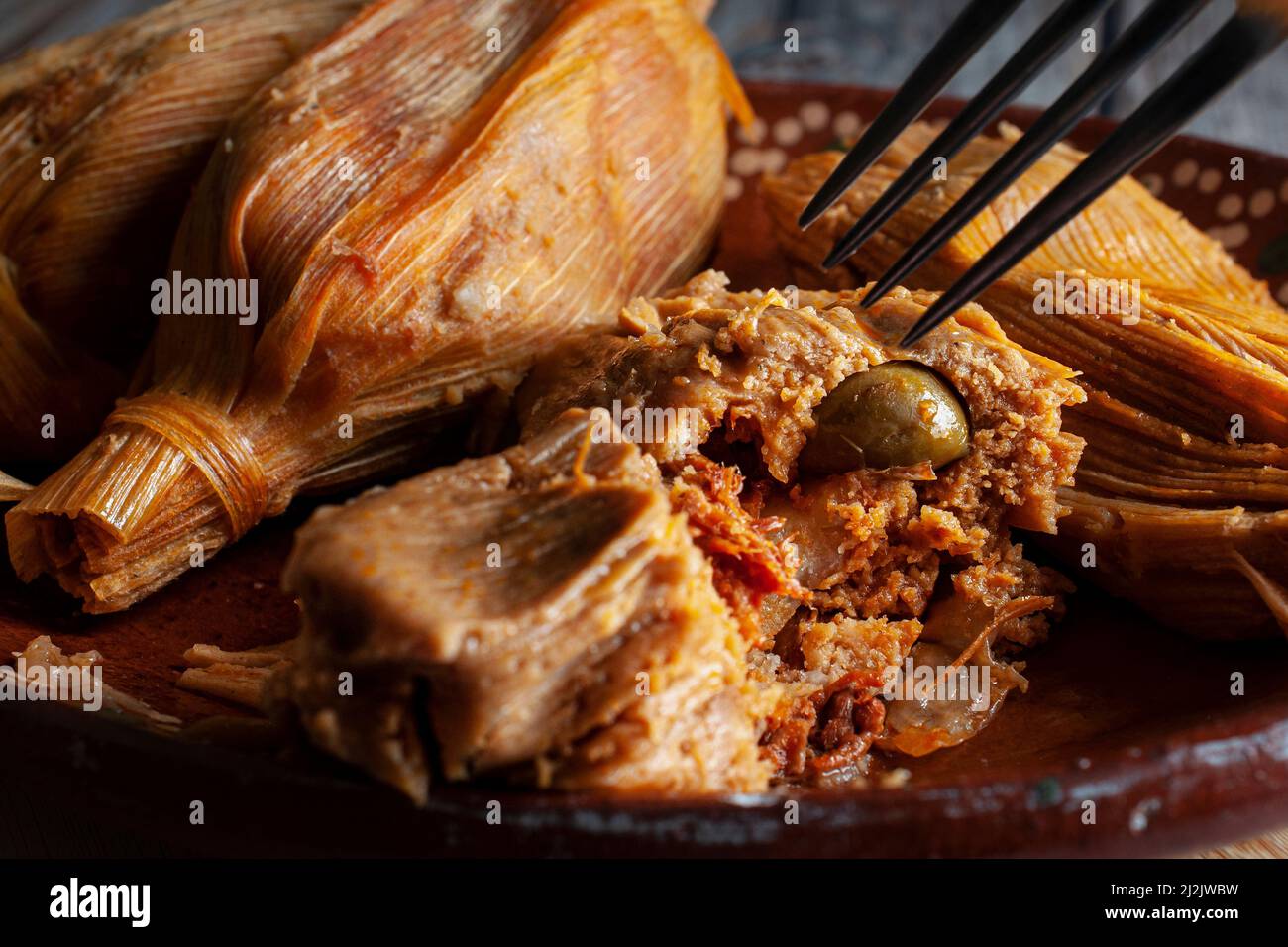 Ein Teller mit Tamales, einheimisches Essen aus dem Süden Mexikos, horizontale Makrofotografie Stockfoto