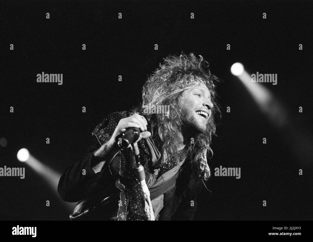 Bon Jovi bei Monsters of Rock, Castle Donington. Im Bild Jon Bon Jovi. 22.. August 1987. Stockfoto