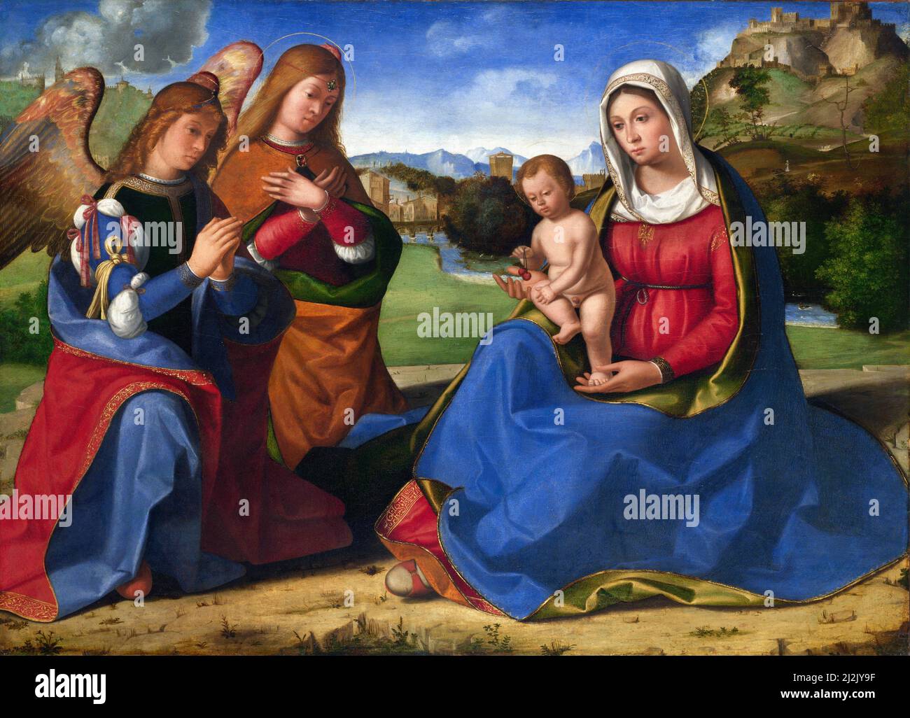 Die Jungfrau und das Kind verehrt von zwei Engeln von der italienischen Renaissance-Künstler, Andrea Previtali (c. 1480 –1528), Öl auf Leinwand aus Holz übertragen, c. 1505 Stockfoto