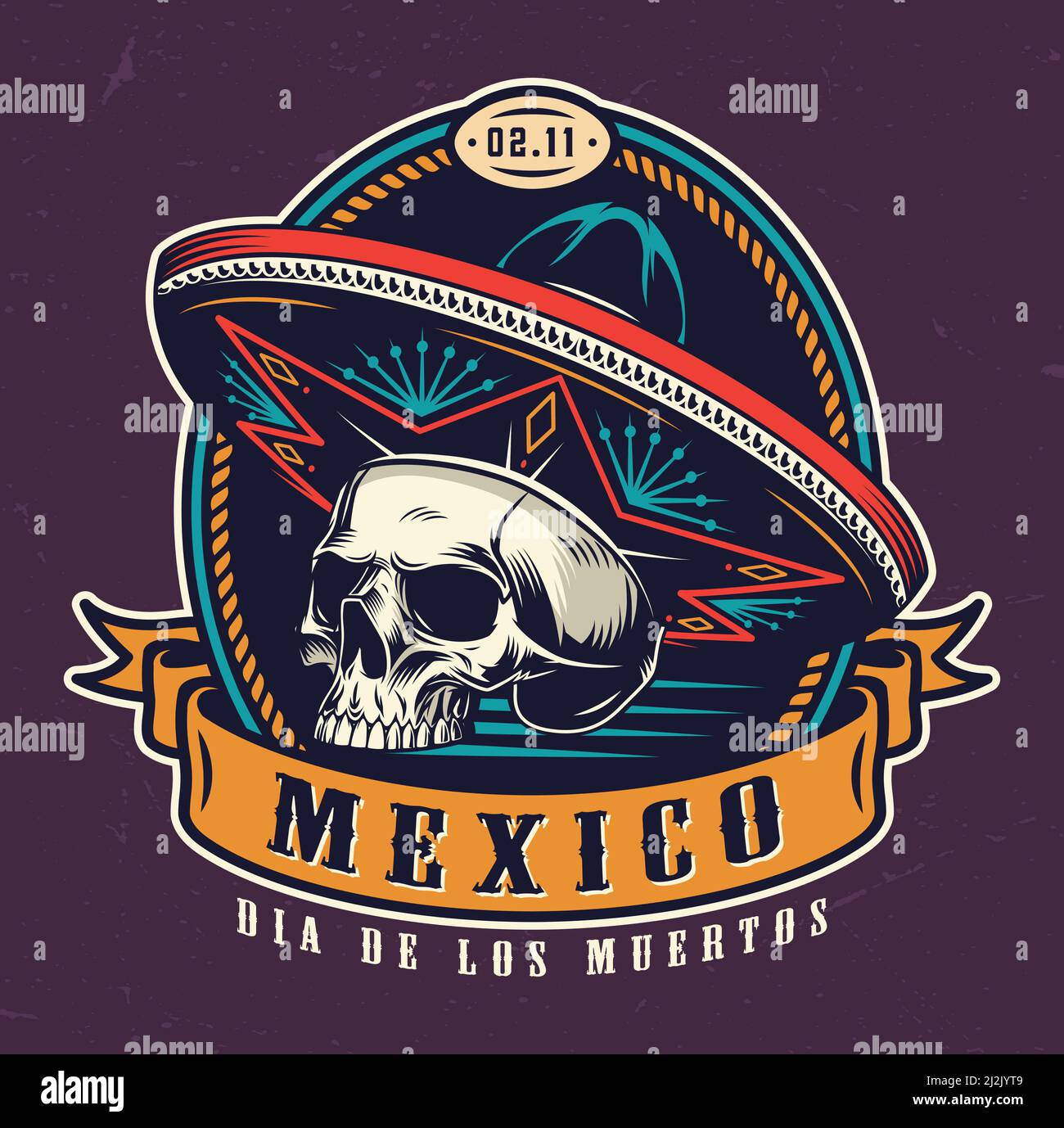 Dia De Los Muertos Vintage Emblem mit Totenkopf in Sombrero hut auf dunkelviolettem Hintergrund isoliert Vektor-Illustration Stock Vektor