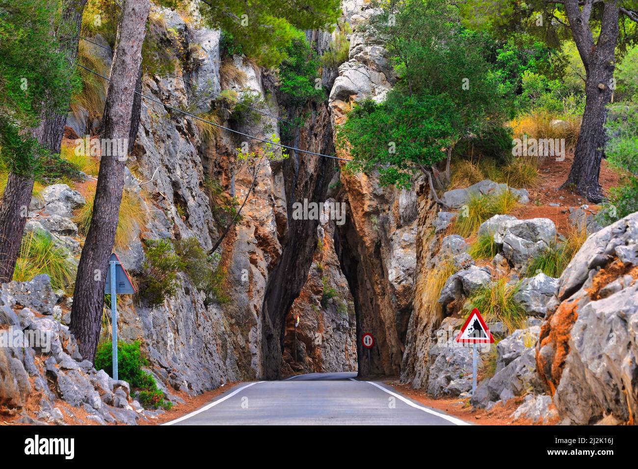 Gerade Straße durch enge Passage zwischen den Felsen, Mallorca, Spanien Stockfoto