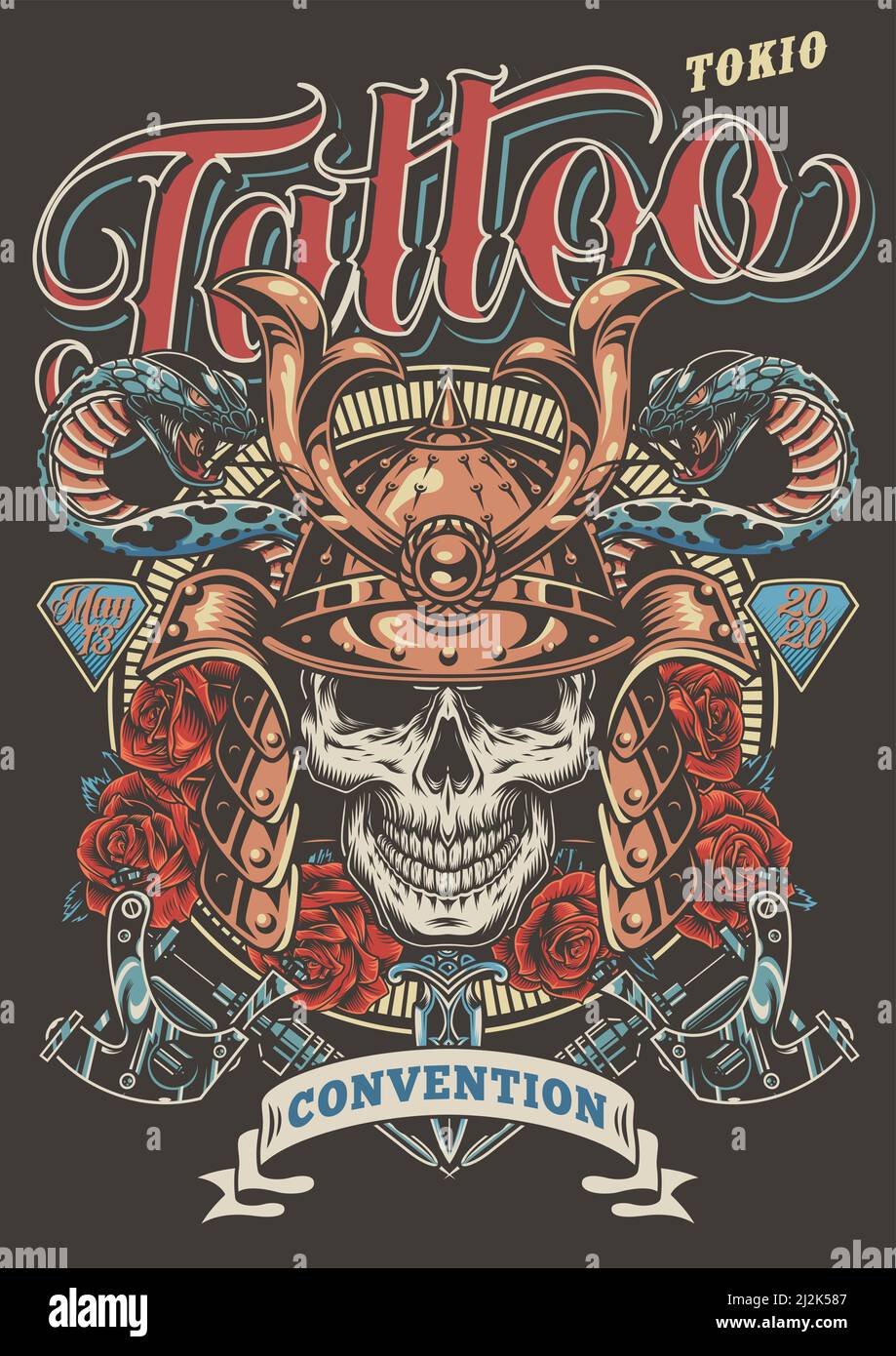 Bunte Tattoo Festival Werbeplakat mit Totenkopf in Samurai Helm Giftige Schlangen Dolch Rosen und Tattoo Maschinen im Vintage-Stil vektor-Abb. Stock Vektor