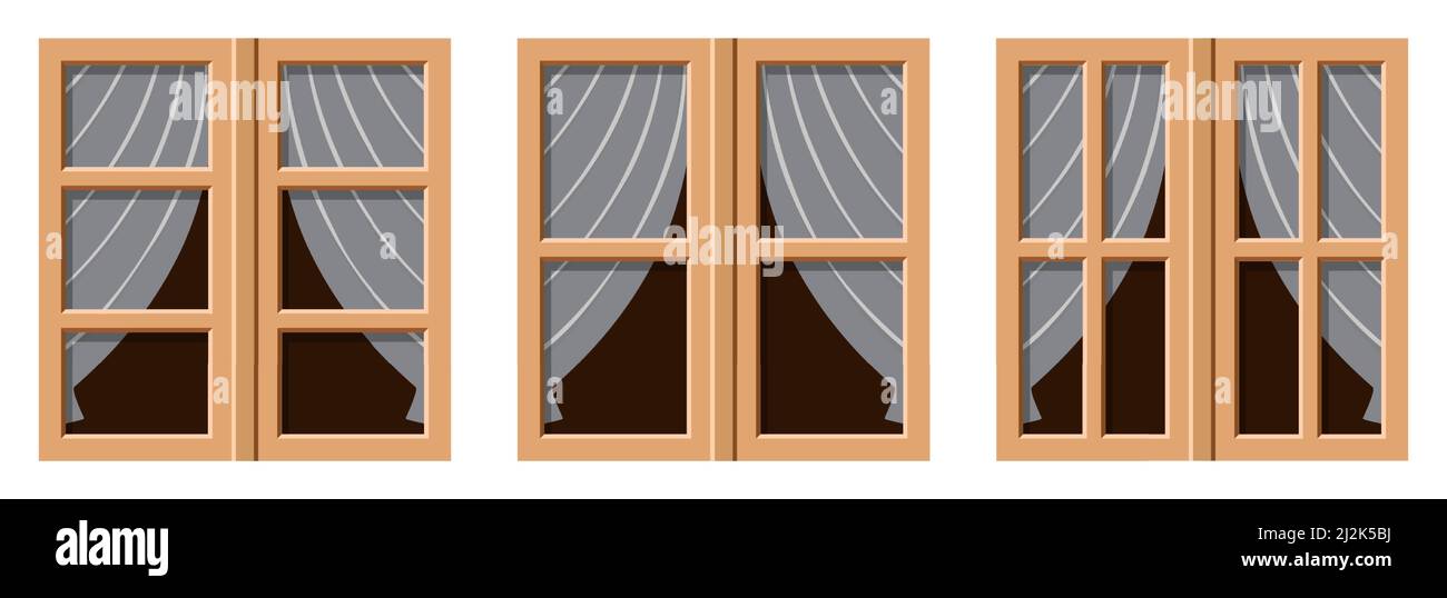 Vektor-Set von Vintage-Holzfenster mit Vorhängen, isoliert auf weißem Hintergrund. Stock Vektor