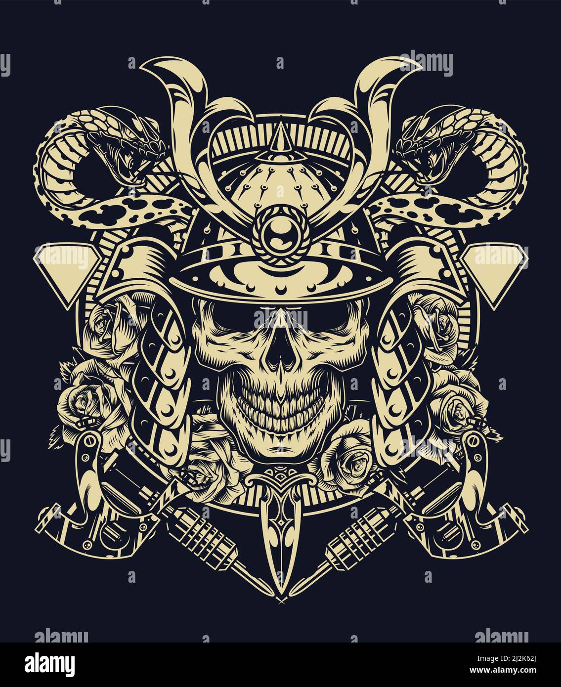 Monochrom Tattoo Konzept mit Totenkopf in Samurai Helm Schlangen Dolch rosen Tattoo Maschinen im Vintage-Stil isoliert Vektor Illustration Stock Vektor