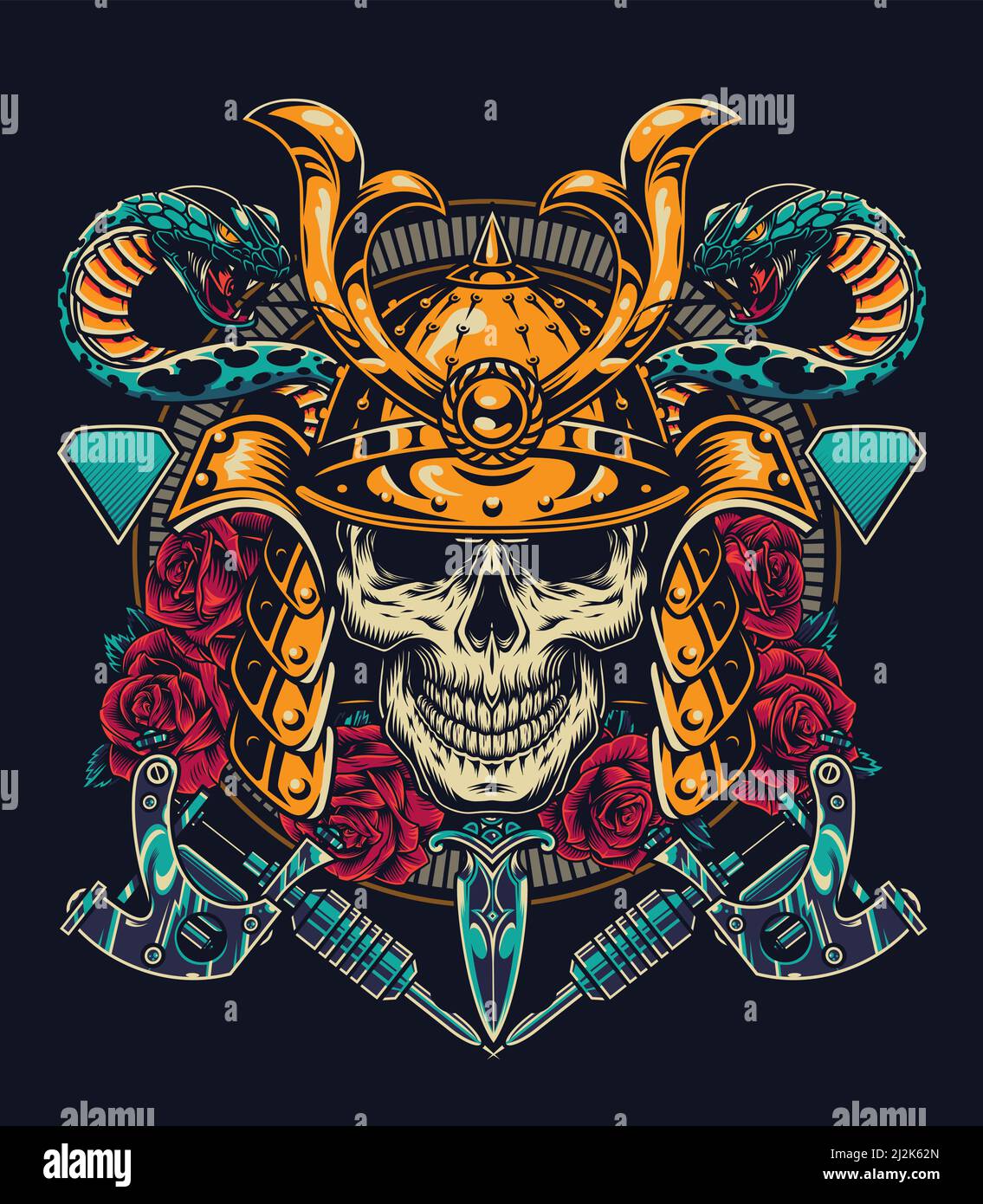 Vintage Tattoo buntes Konzept mit Totenkopf in Samurai Metallhelm Schlangen Tattoo Maschinen Dolch Rose Blumen isoliert Vektor Illustration Stock Vektor