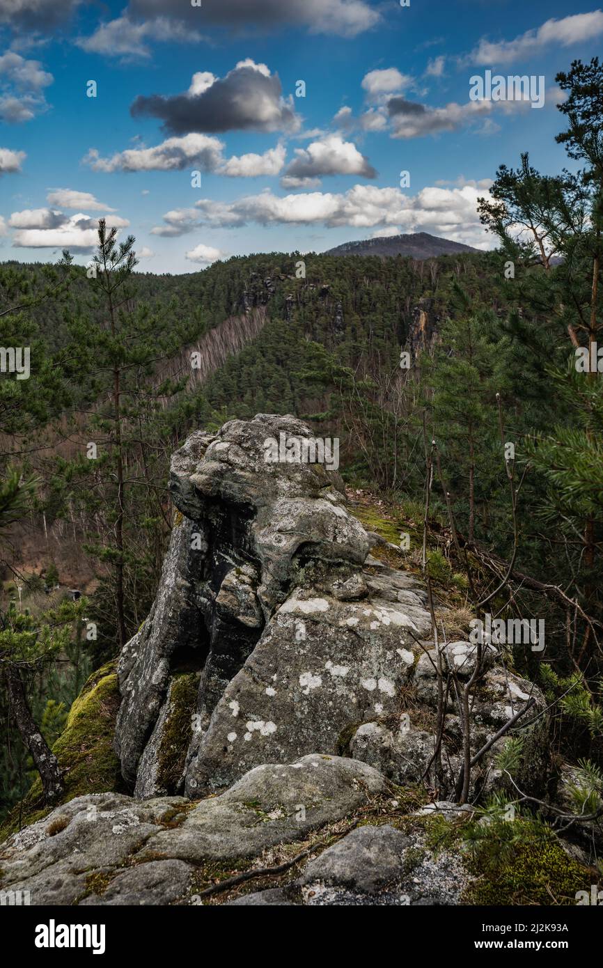 Tolle Aussicht auf die erstaunlichen und tiefen Täler der Elbe. So ein schöner und ruhiger Ort mit einem Himmel voller flauschiger Wolken und einer endlosen Aussicht. Stockfoto