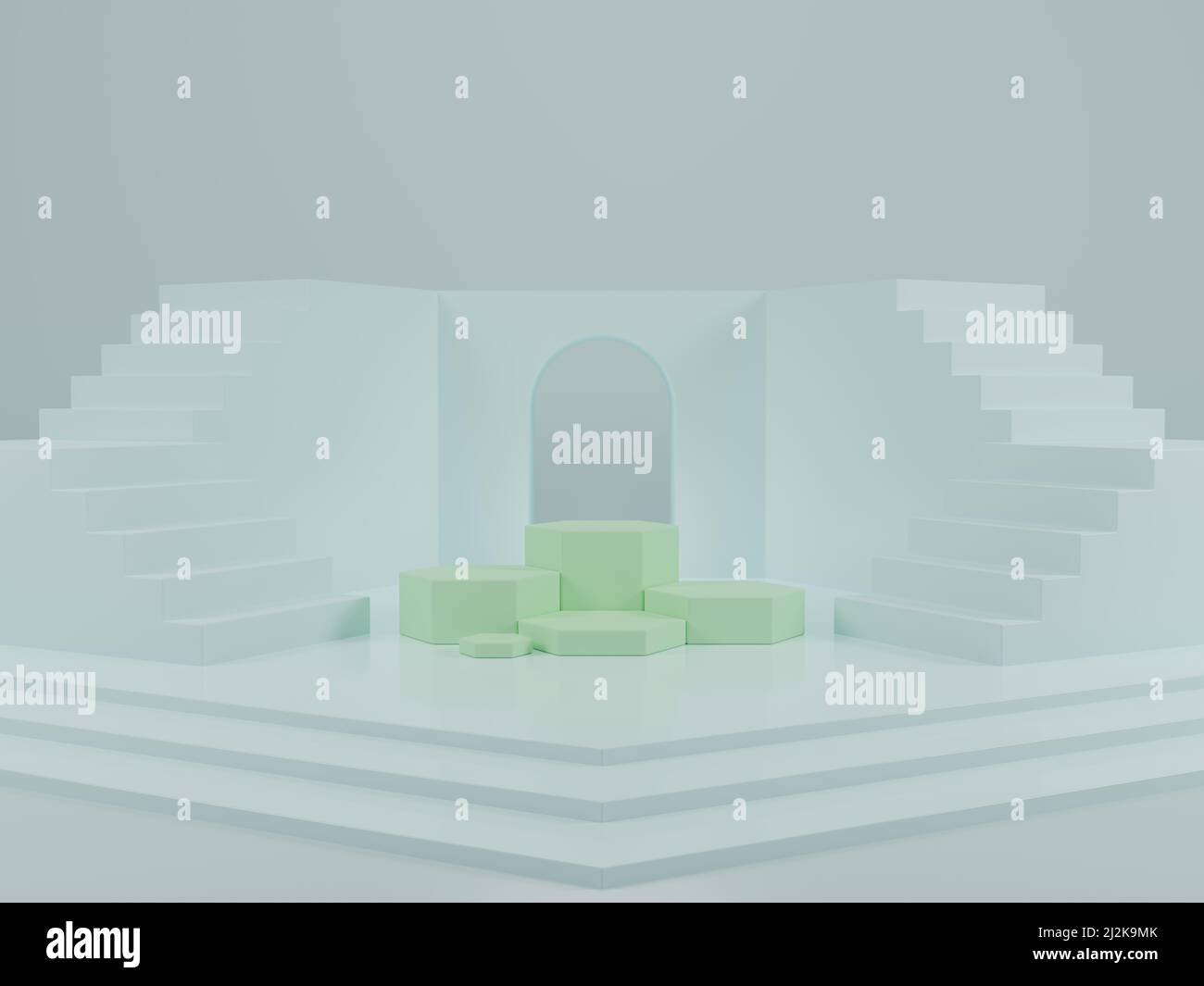 Minimal grüne sechseckige Produktpräsentation Podium mit Treppe auf hellblauem Hintergrund 3D Rendering Illustration Stockfoto