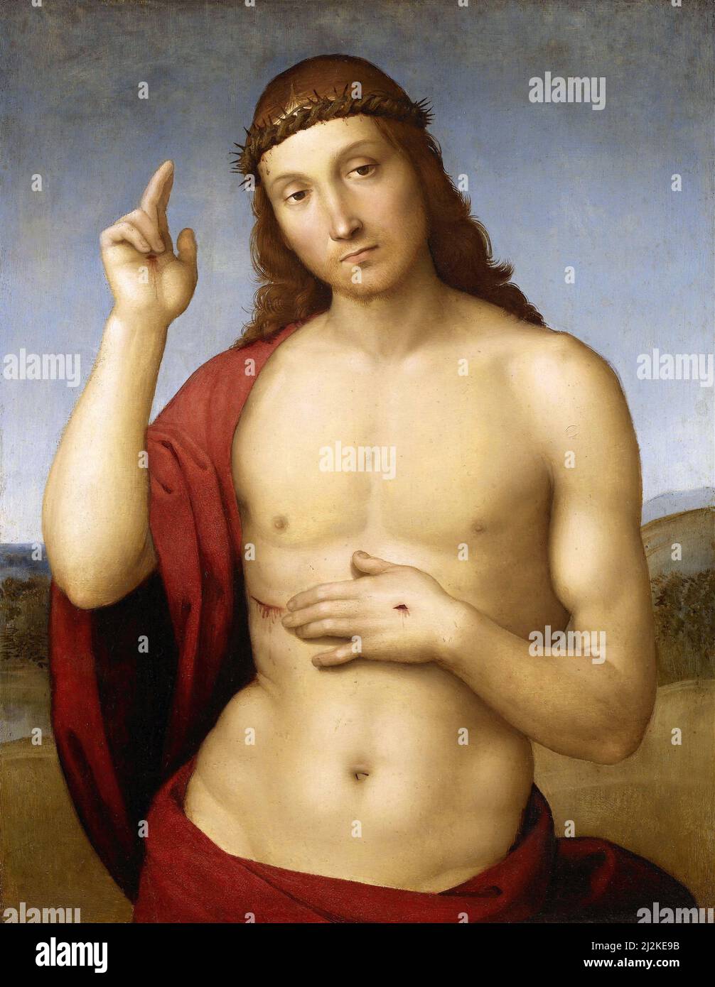 Antike Kunst des italienischen Künstlers Raphael - Christ Blessing (Pax Vobiscum) (1505-1506).Hochrenaissance-Kunst von Rafaello Sanzio da Urbino 1483 - 1520. Stockfoto