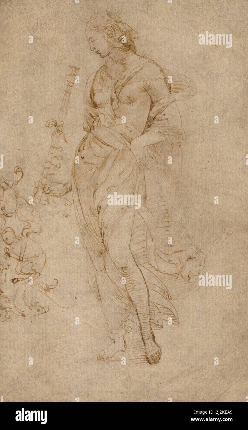 Antike Kunst des italienischen Künstlers Raphael - Weibliche Figur mit Tibia und Ornamental Studies (1504-1508). Hohe Renaissance-Kunst Stockfoto