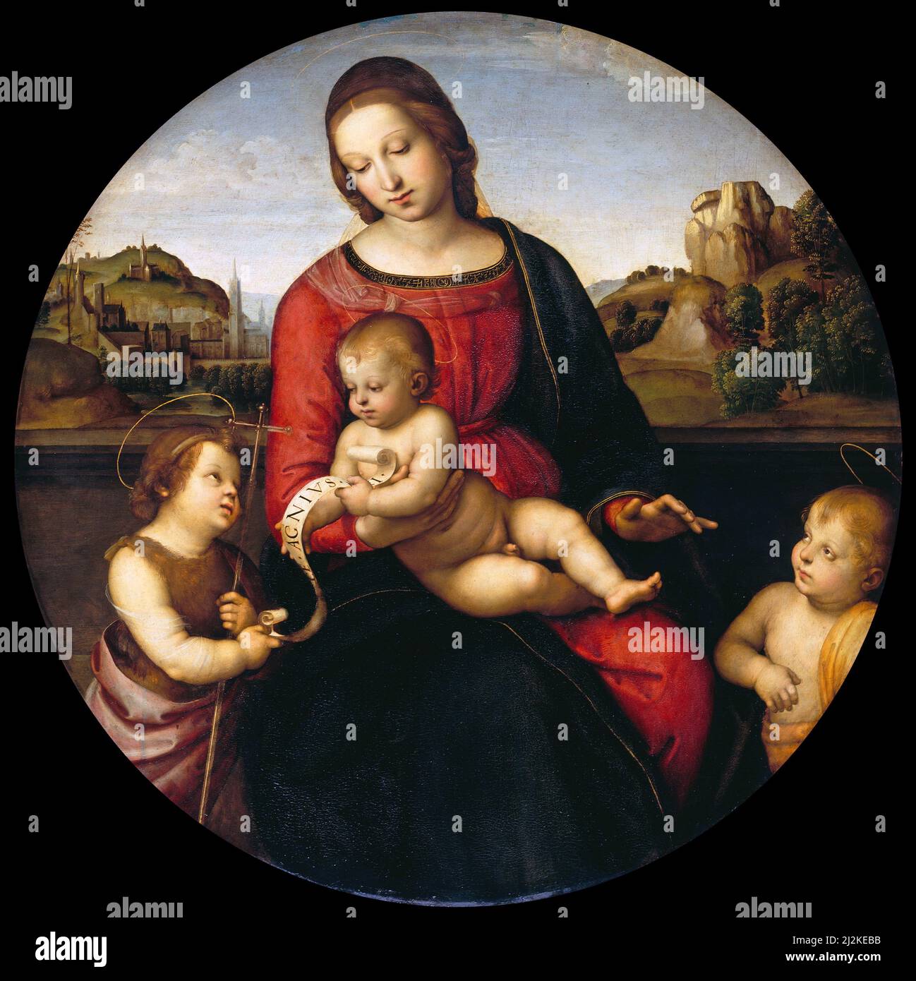 Antike Kunst des italienischen Künstlers Raphael - Maria mit dem Kind, Johannes dem Täufer und einem Heiligen Jungen (Madonna Terrranuov). Hohe Renaissance-Kunst Stockfoto