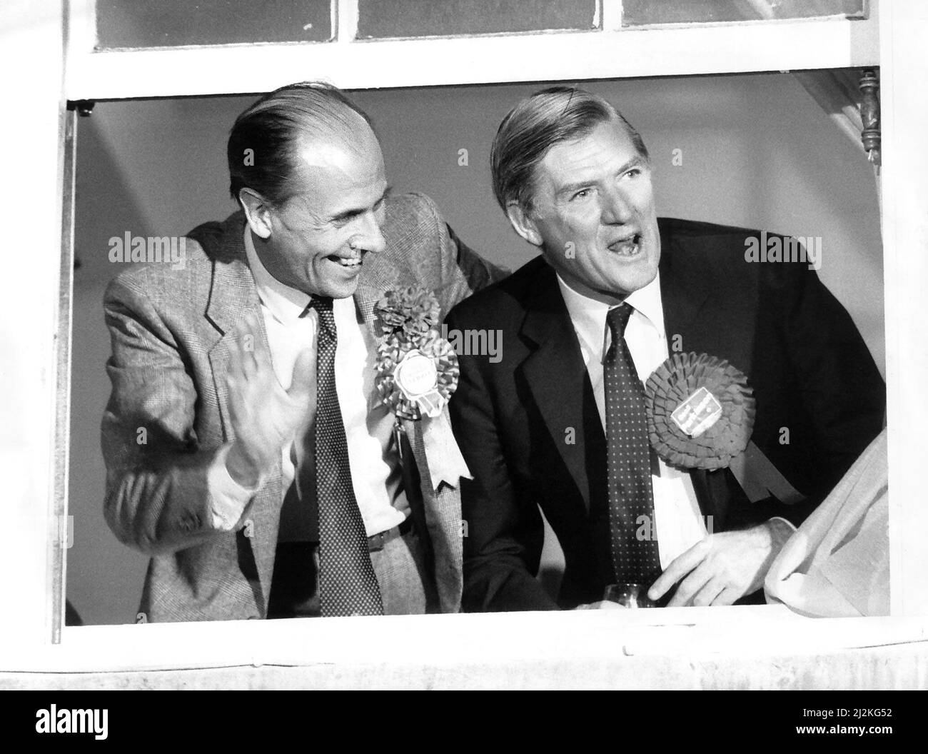 Der konservative Abgeordnete Cecil Parkinson und Norman Tebbit bei den Tory-Feierlichkeiten Stockfoto