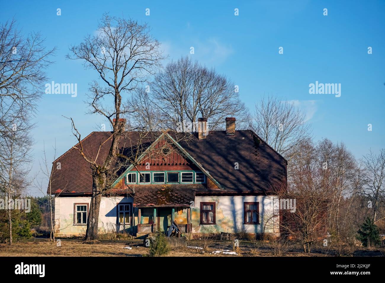 Altes Dorfhaus mit Bäumen und Sträuchern vor wolkenlosem, blauem Himmel überwuchert Stockfoto