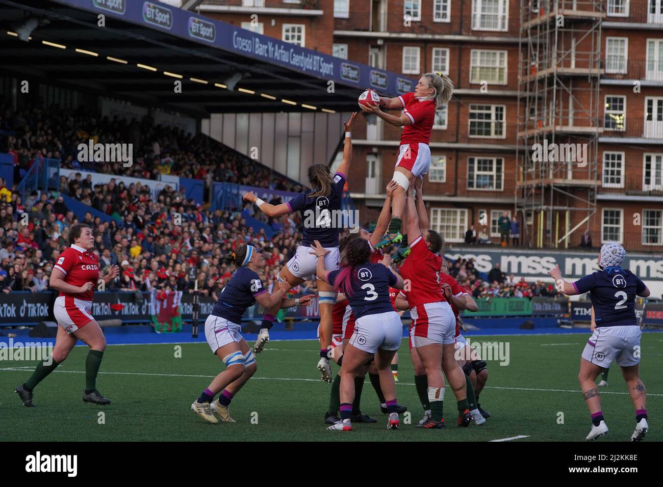 Cardiff, Wales. 2. April 2022. Alex Callender sammelt sich von einer Wales-Line vor einer Rekordmenge, Credit Penallta Photographics/Alamy Live Stockfoto