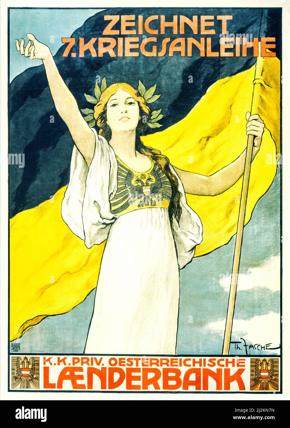 Ein österreichisch-ungarisches Werbeplakat aus dem ersten Weltkrieg aus dem 20.. Jahrhundert, 1914-1918, das die österreichisch-ungarische Monarchie darstellt und eine Flagge hält.Text kündigt die siebte Kriegsanleihe an. Der Künstler war Thomas Fasche. Stockfoto
