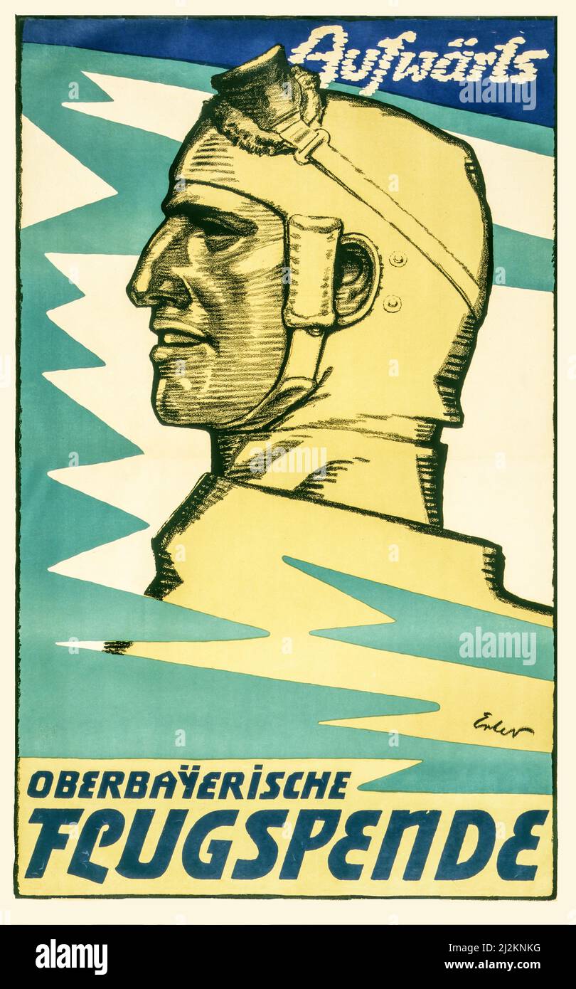 Ein deutsches Werbeplakat aus dem ersten Weltkrieg, 1914-1918, aus dem frühen 20.. Jahrhundert, das das Profil eines deutschen Piloten zeigt. Text: Ab, Oberbayerischer Luftfahrtfonds. Der Künstler war Fritz Erler, 1868-1940. Stockfoto