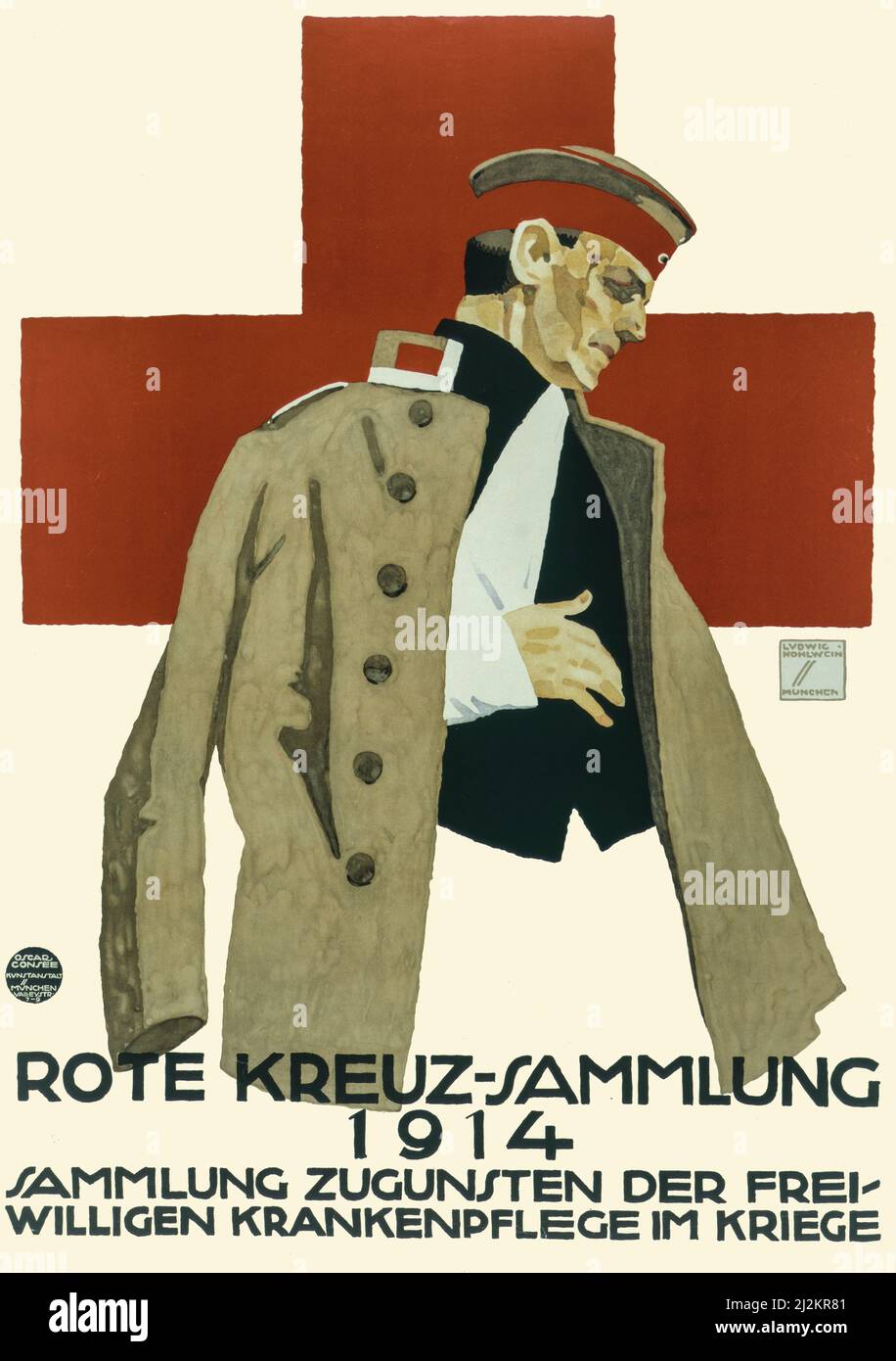 Plakat zeigt verwundeten deutschen Soldaten; im Hintergrund ein großes rotes Kreuz. Text: Red Cross Collection Drive 1914. Sammlung zur Unterstützung der freiwilligen Krankenpflege im Krieg. Der Künstler war Hohlwein, Ludwig, 1874-1949 Stockfoto