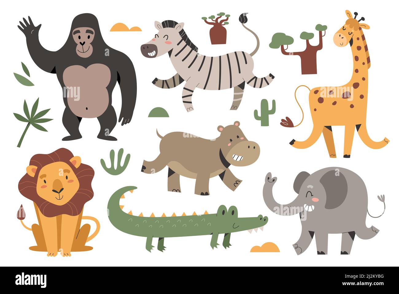 Afrikanische Tiersammlung, niedliches Safari-Säugetierset, wilde Giraffe und Löwe, tanzendes Zebra und springender Elefant, lustige freundliche Zoofigur mit Stock Vektor