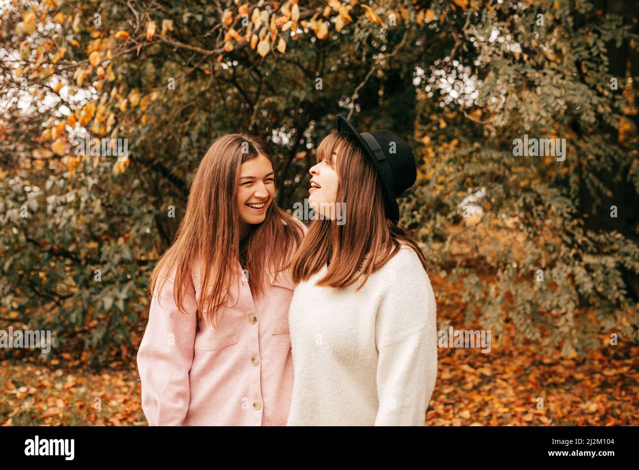 Zwei beste Freundinnen, Frauen bleiben goldene herbstliche Parklandschaft Steinstraße, jjoying, zu Fuß in der Nähe von grünen Orangenbäumen Stockfoto