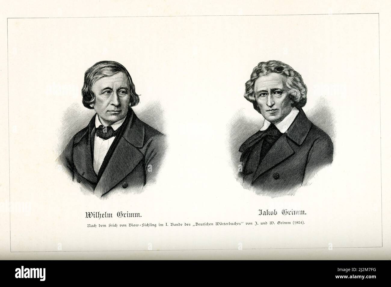 Die englische Übersetzung der deutschen Bildunterschrift lautet: „Wilhelm Grimm Jakob Grimm nach dem Stich von Biow-Suchling im ersten Band des deutschen Wörterbuchs von J und W Grimm 1854.“ Im Jahr 1812 veröffentlichten die Brüder Grimm, Jacob und Wilhelm, eine Sammlung deutscher Märchen, Kinder- und Hausmärchen. Stockfoto