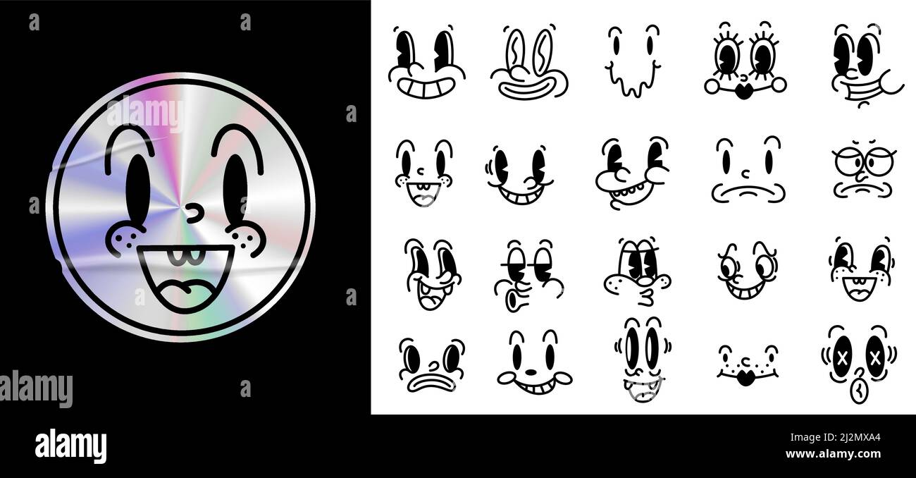 Retro 30s Cartoon und Comics Figuren Gesichter. Traditionelle Emotionen Vektor-Elemente. Ersteller von Vintage-Figuren für Trenddarstellungen. Stock Vektor