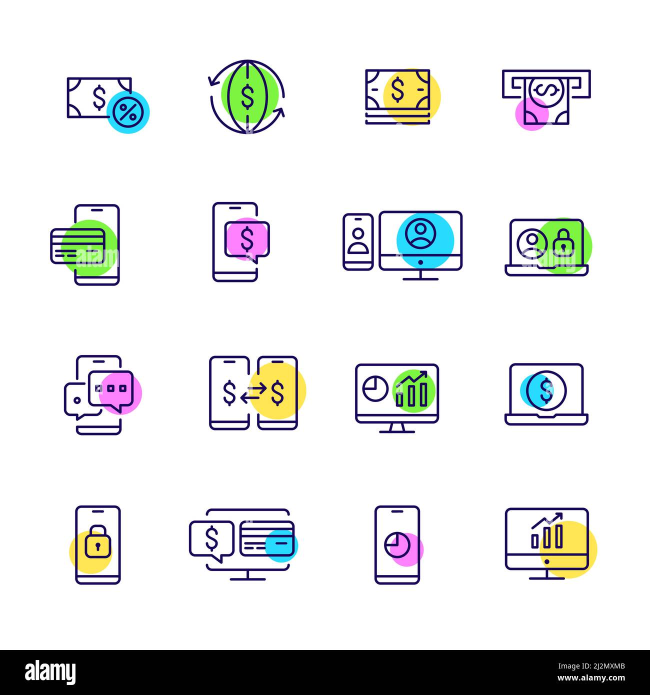 Satz von Finanz- und Vermögenssymbolen. Barabhebung, Online-Banking und Anlagestrategie. Pixelgenaue, bearbeitbare Kontur Stock Vektor