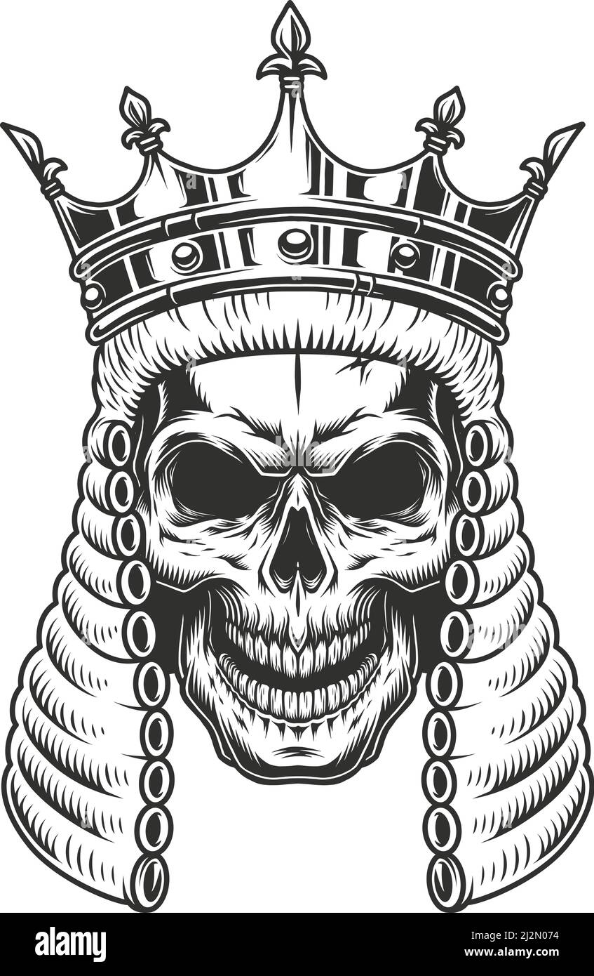 Totenkopf in der Richter Perücke und Krone. Vektorgrafik Stock Vektor