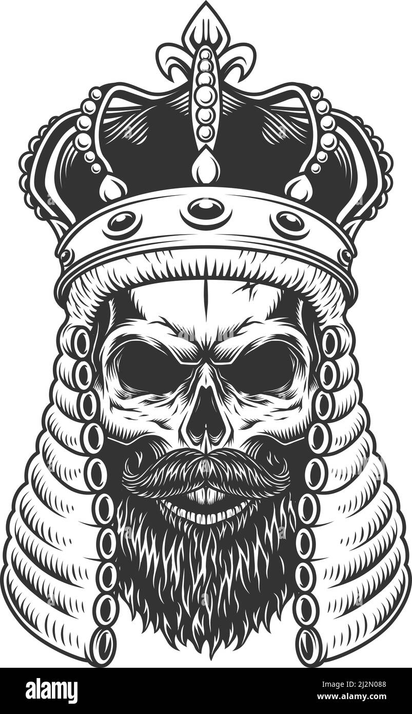 Totenkopf in der Richter Perücke und Krone. Vektorgrafik Stock Vektor