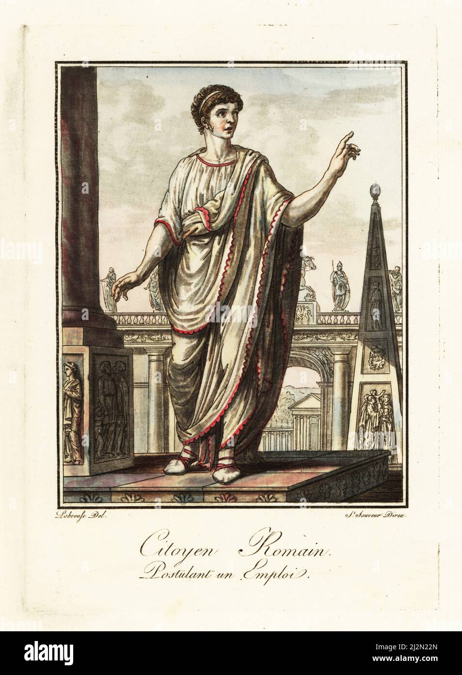 Römischer Bürger, der sich für einen Job in Togo und Sandalen, im alten Rom bewirbt. Die getragene Tunika, die über die Fersen fiel, war das Zeichen der Spannung. In einem Quadrat mit Bogen, Obelisk, Statuen. Citoyen Romain, postulant en Emploi. Handkoloriertes Kupferstich gezeichnet und gestochen von L. Labrousse, Künstler von Bordeaux, unter der Leitung von Jacques Grasset de Saint-Sauveur aus seinem L’antique Rome, ou description historique et pittoresque, Ancient Rome, or historical and pittoresque description, chez Deroy, Paris, 1796. Stockfoto