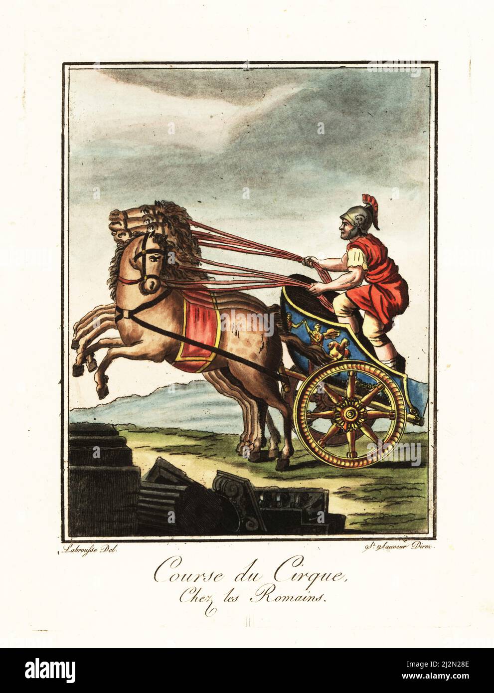 Charioteer Rennen im Zirkus, alten Rom. In Helm, Tunika und Sagelum gregale oder kurzen Hosen, Reiten ein vier-Pferd-Wagen oder Quadriga. Course du Cirque chez les Romains. Handkoloriertes Kupferstich gezeichnet und gestochen von L. Labrousse, Künstler von Bordeaux, unter der Leitung von Jacques Grasset de Saint-Sauveur aus seinem L’antique Rome, ou description historique et pittoresque, Ancient Rome, or historical and pittoresque description, chez Deroy, Paris, 1796. Stockfoto