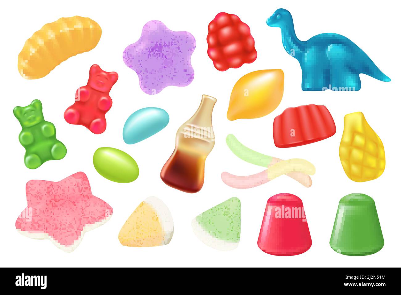 Gummy Gelee Candy Set Vektor-Illustration. 3D niedliche süße Figuren, bunte Bären und Colaflasche, witziger Marmeladenwurm, kautes Zuckertier oder Obstsammlung für Kinder isoliert auf Weiß Stock Vektor