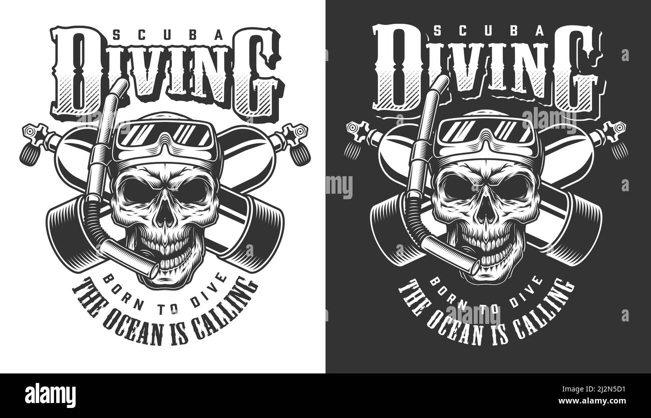 Taucherbekleidung Design mit Totenkopf in der Tauchermaske. Vektorgrafik Stock Vektor