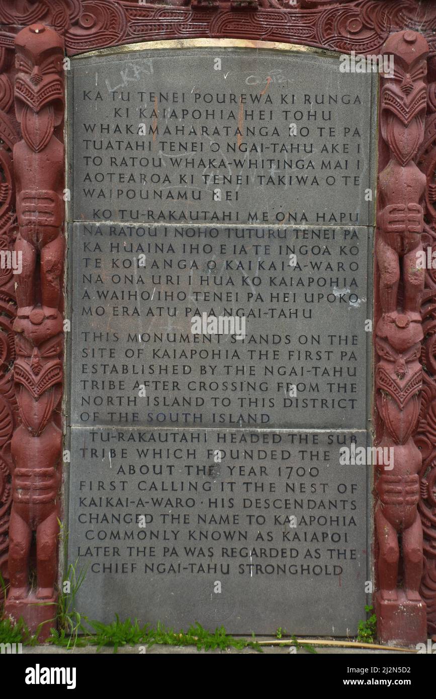 Das Memorial wurde Ende 1800s für den Ngai Tahu Maori errichtet, der 1835 bei dem Massaker in der Nähe von Kaiapohia durch den Maori-Chef der Nordinsel, Te Ra, starb Stockfoto