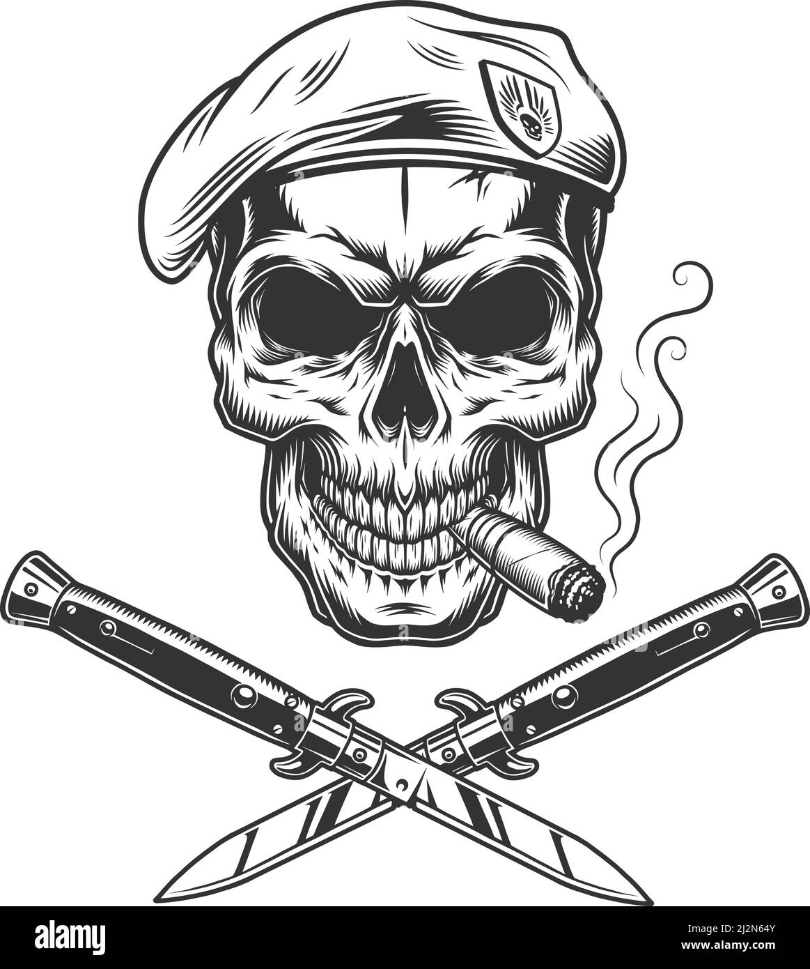 Vintage monochrome Militärvorlage mit gekreuzten Messern marine Seal Schädel Tragen Baskenmütze und Rauchen Zigarre isoliert Vektor-Illustration Stock Vektor
