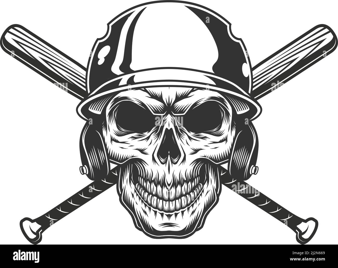 Vintage monochromen Schädel in Baseball-Helm mit gekreuzten Fledermäuse isoliert vektorgrafik Stock Vektor