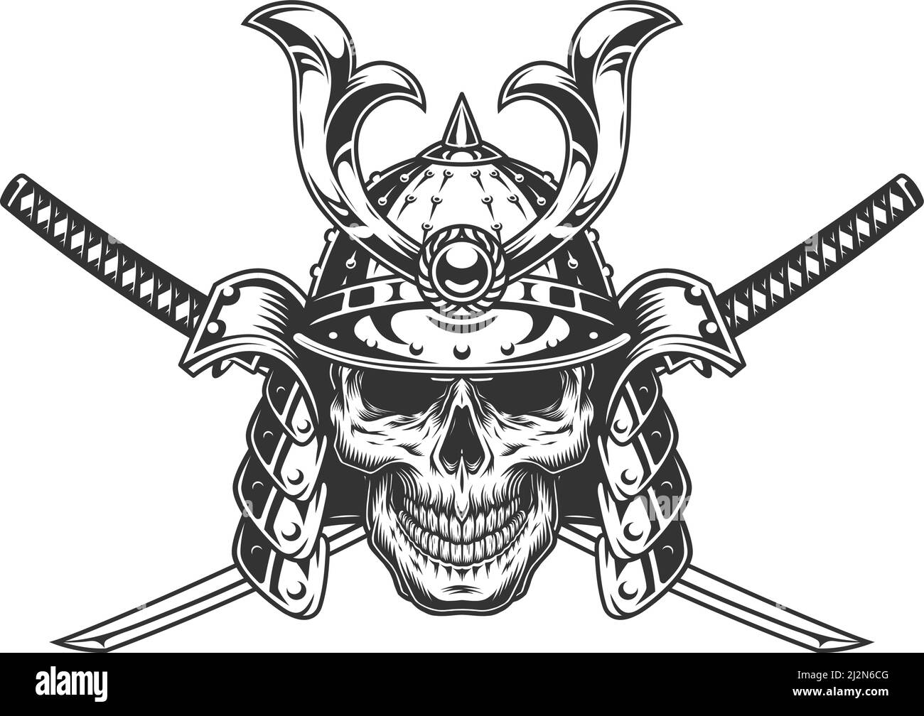 Vintage monochromer Totenkopf in Samurai Helm mit gekreuzten Schwertern isoliert vektorgrafik Stock Vektor