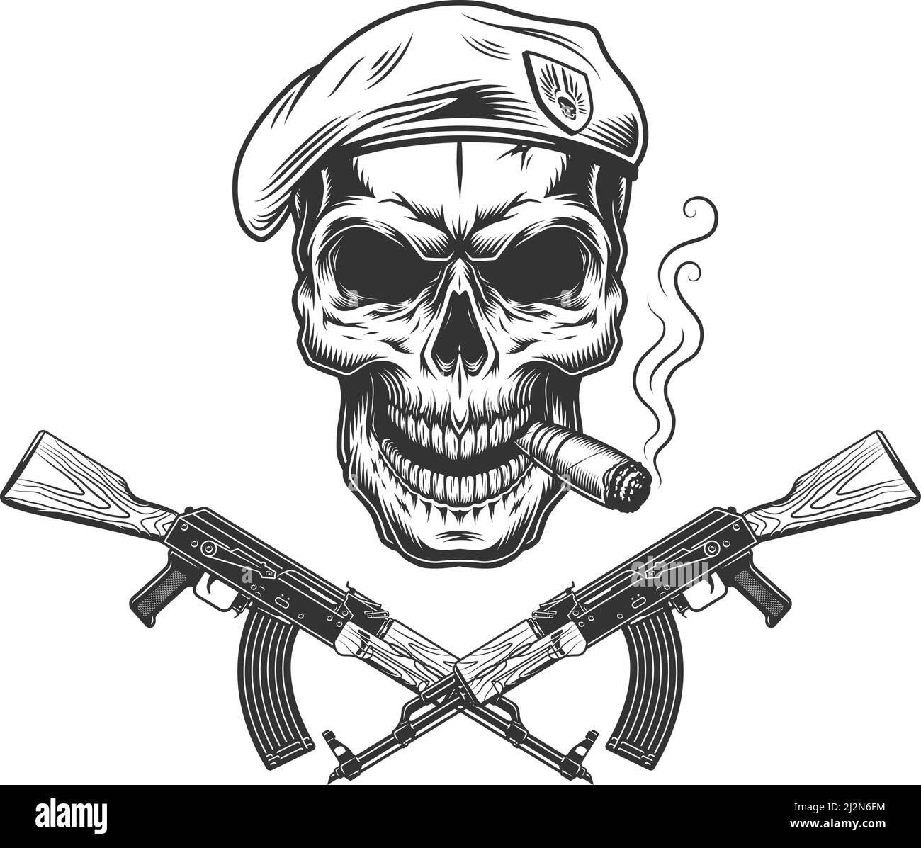 Vintage Navy Seal Totenkopf in Baskenmütze mit kubanischen Zigarre und Gekreuzte Maschinengewehre im monochromen Stil isolierte Vektordarstellung Stock Vektor