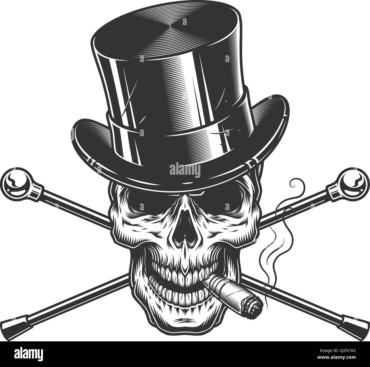 Vintage monochrome Gentleman Totenkopf rauchenden Zigarre mit Zylinder Hut und Gekreuzte Spazierstöcke isolierte Vektordarstellung Stock Vektor