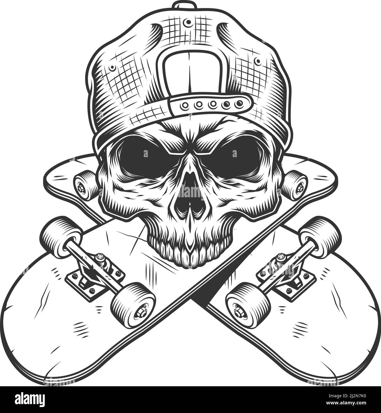 Skateboarder Skull ohne Kiefer mit gekreuzten Skateboards im Vintage-Monochrom Darstellung isolierter Vektorgrafiken Stock Vektor