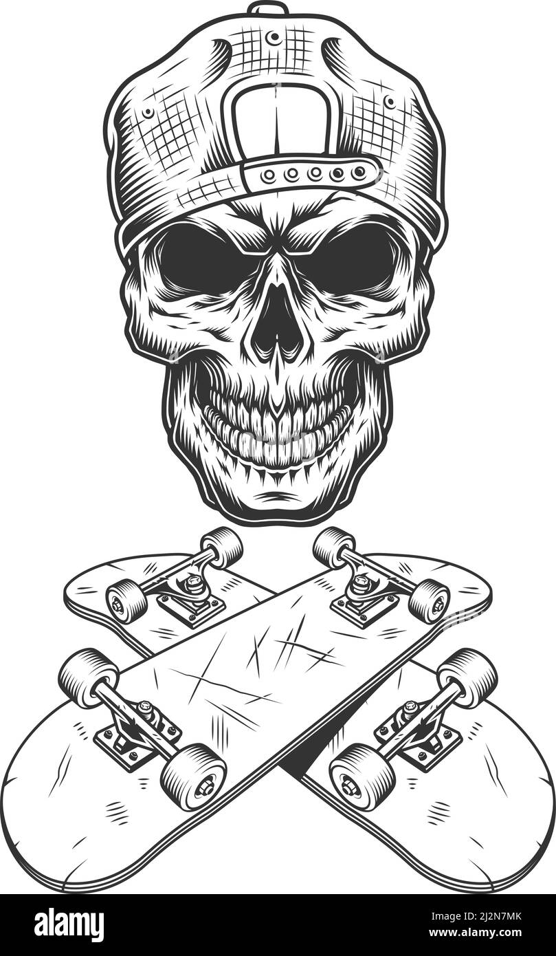 Vintage monochrome Skateboarder Totenkopf in Kappe mit gekreuzten Skateboards isoliert vektorgrafik Stock Vektor