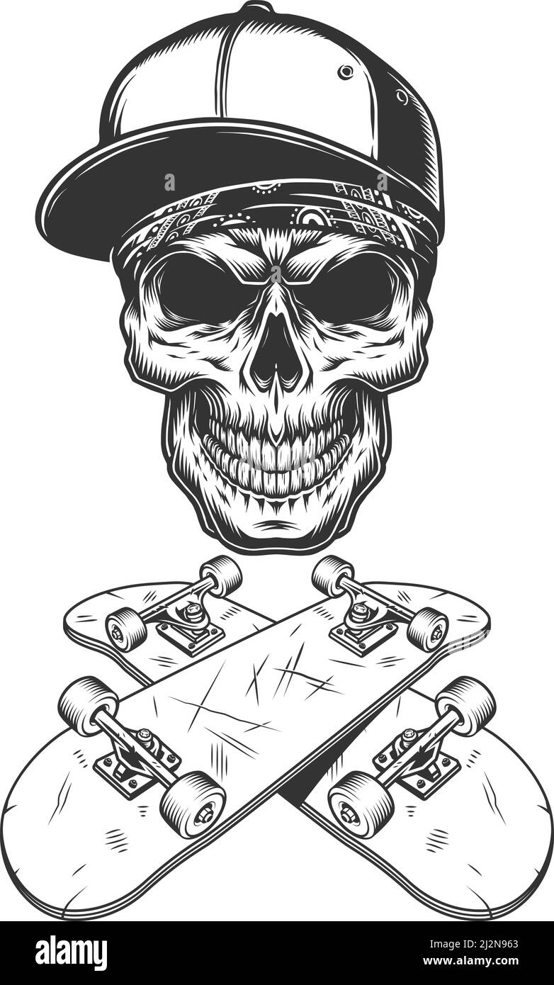 Skateboarder Totenkopf in Baseball Cap und Bandana mit gekreuzten Skateboards Im Vintage monochromen Stil isolierte Vektor-Illustration Stock Vektor